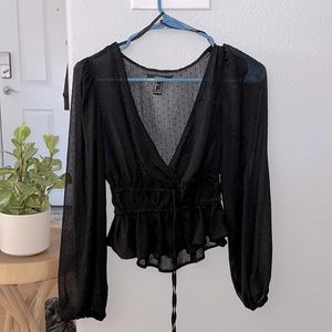 Sheer Longsleeve Plunge-Neck Blouse